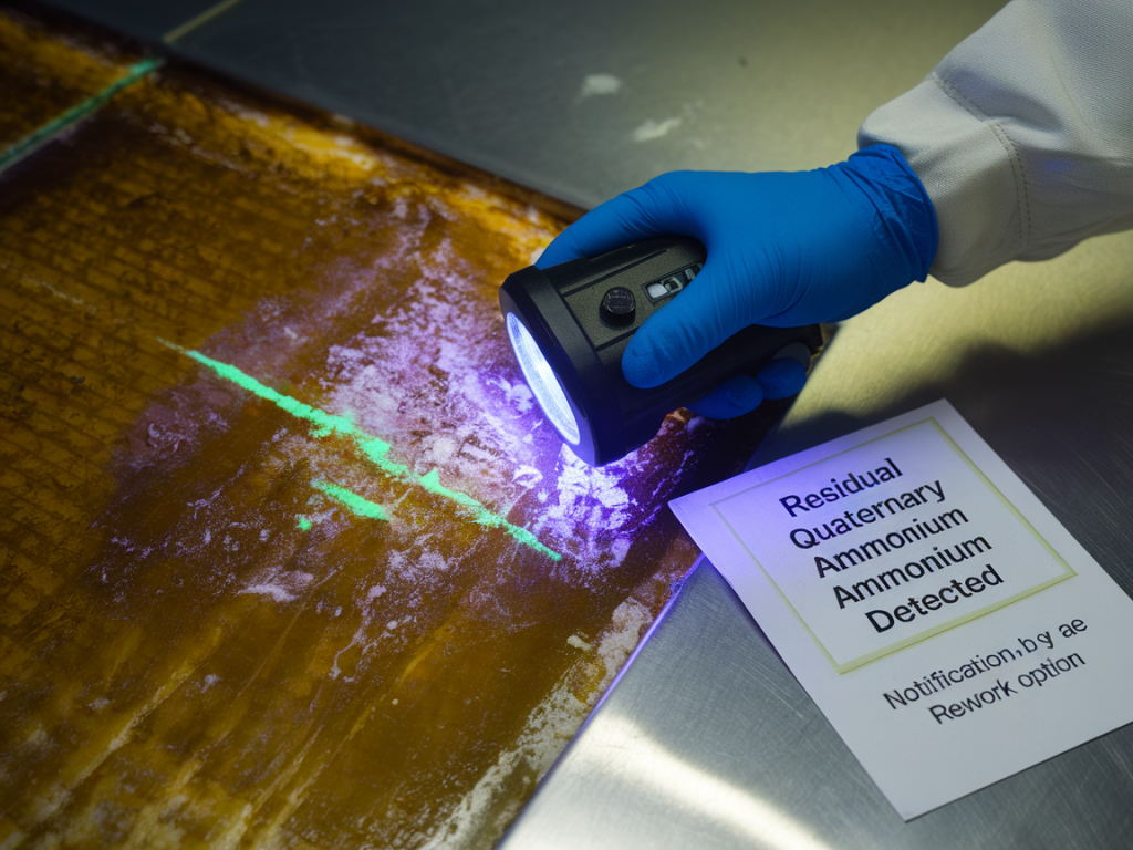 Quick field test to detect residual quaternary ammonium on touchpoints and decide whether rework is needed