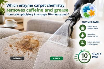 Which enzyme carpet chemistry removes caffeine and grease from café upholstery in a single 10‑minute pass