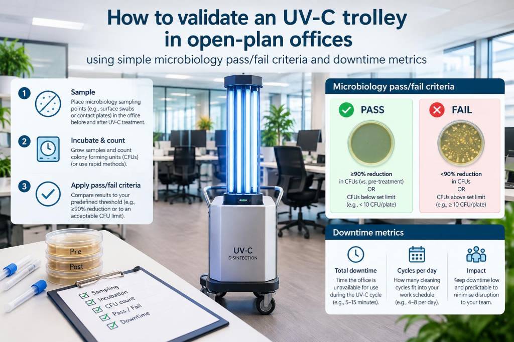 How to validate an uv‑c trolley in open‑plan offices using simple microbiology pass/fail criteria and downtime metrics