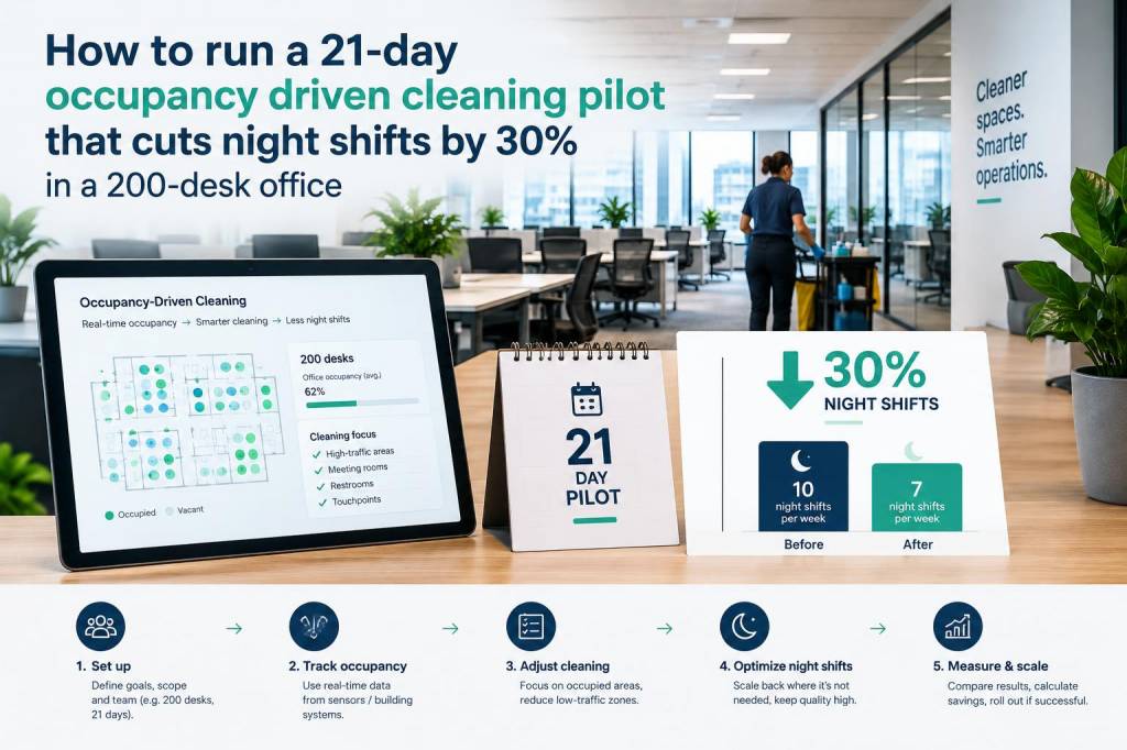 How to run a 21‑day occupancy-driven cleaning pilot that cuts night shifts by 30% in a 200‑desk office