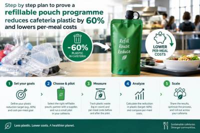 Step-by-step plan to prove a refillable pouch programme reduces cafeteria plastic by 60% and lowers per‑meal costs