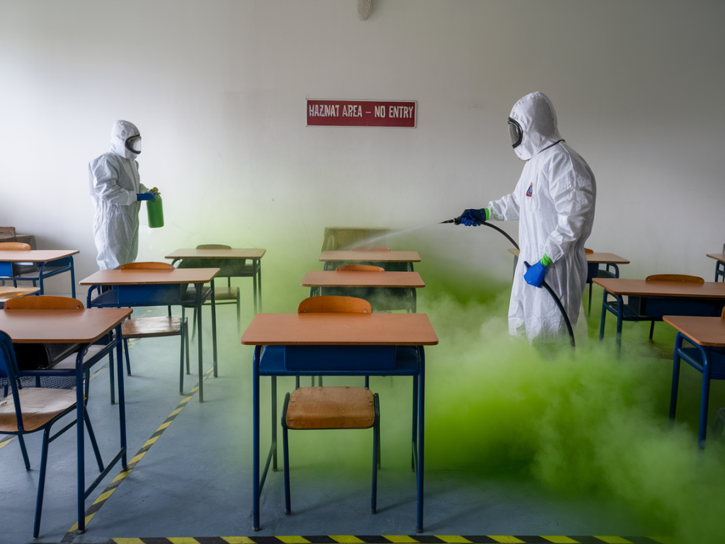 How to compare electrostatic sprayers with manual fogging in classrooms using simple microbiology pass/fail criteria